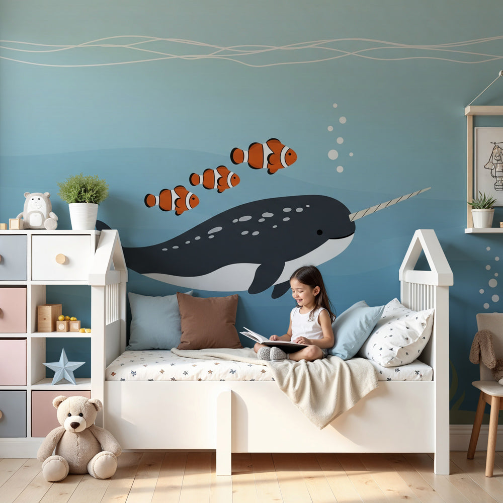 Narwhal ocean mural wallpaper in modern baby nursery with light wood crib by Kids-Mundo