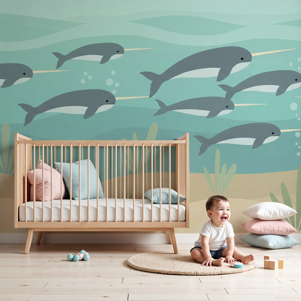 Narwhal ocean mural wallpaper creating peaceful underwater nursery with soft blue tones by Kids-Mundo