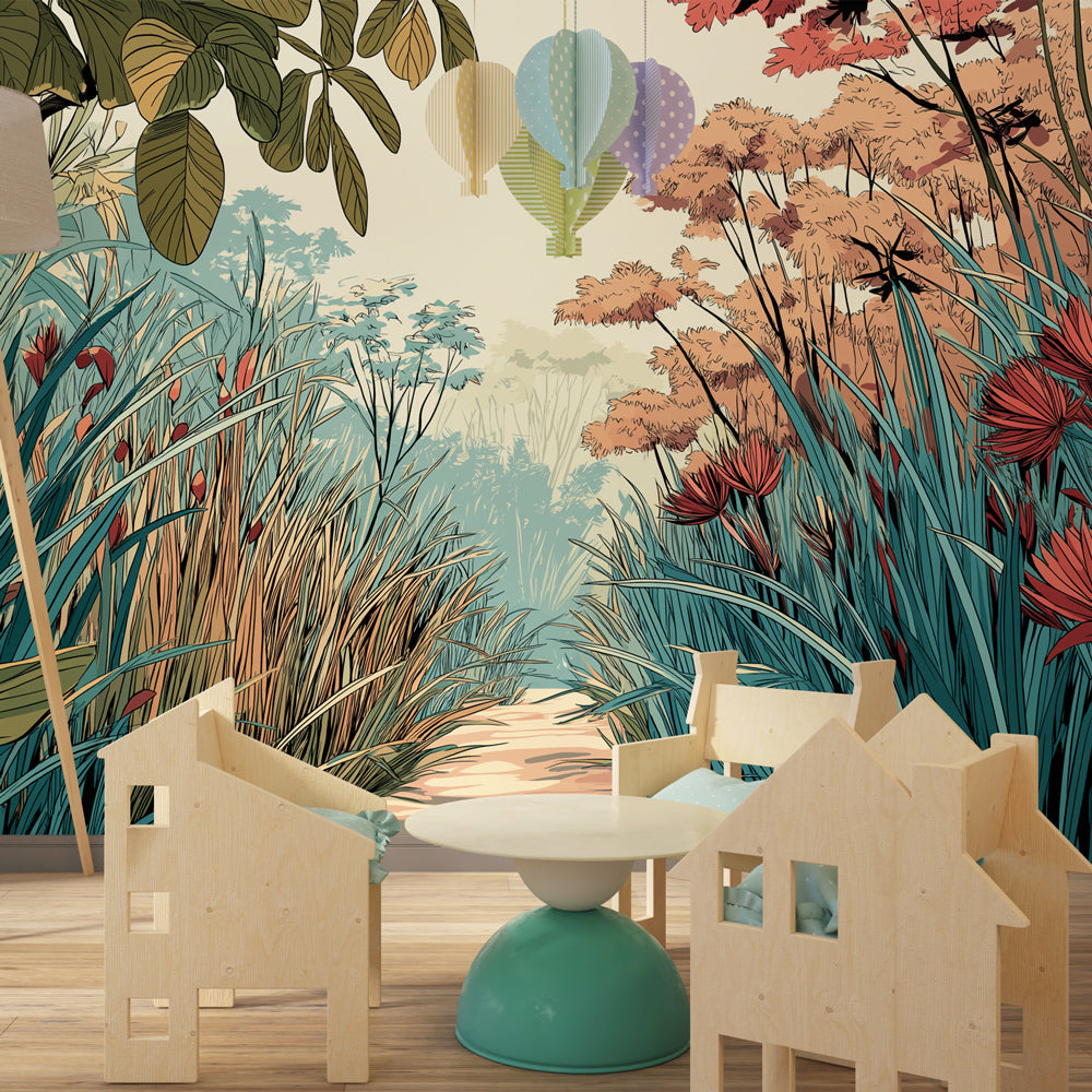 Botanical garden mural wallpaper creating peaceful kids bedroom with wooden furniture and soft lighting