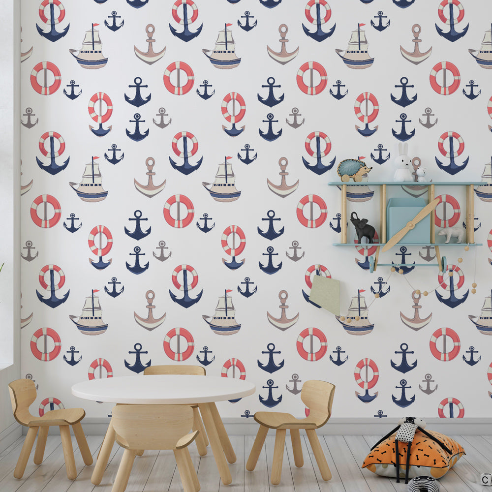 Ocean themed wallpaper creating peaceful nursery with blue boats and anchor motifs