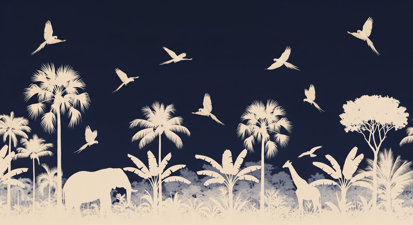 Kids-Mundo flat artwork of navy safari silhouette design with elephant, giraffe and flying birds