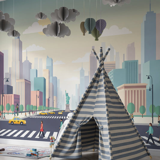 Kids-Mundo yellow taxi and skyline wall mural featured in a modern children's bedroom
