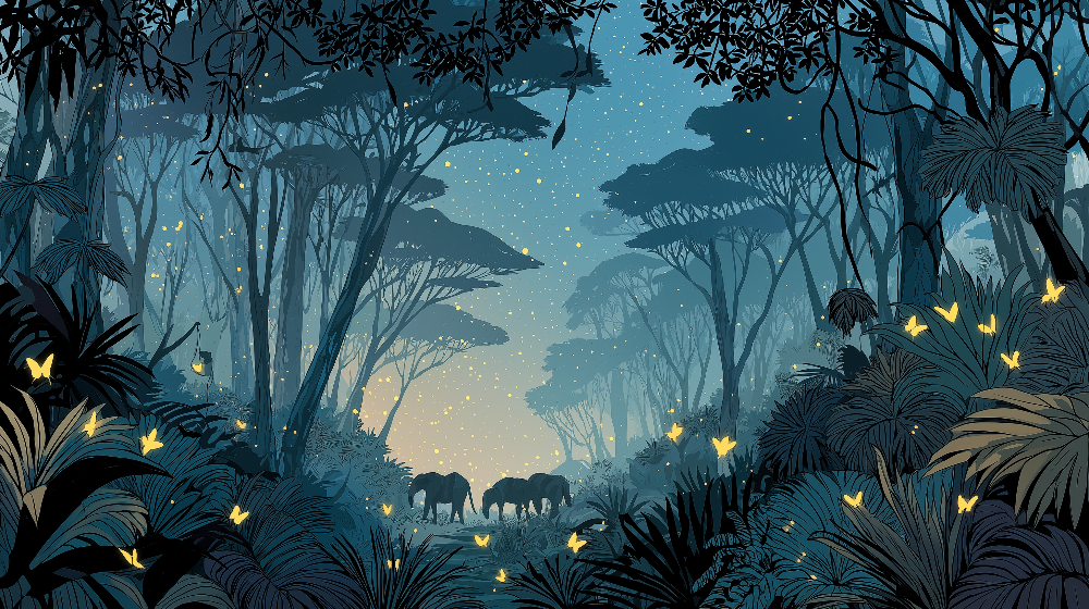 Kids-Mundo flat artwork of two elephants walking through a glowing night jungle