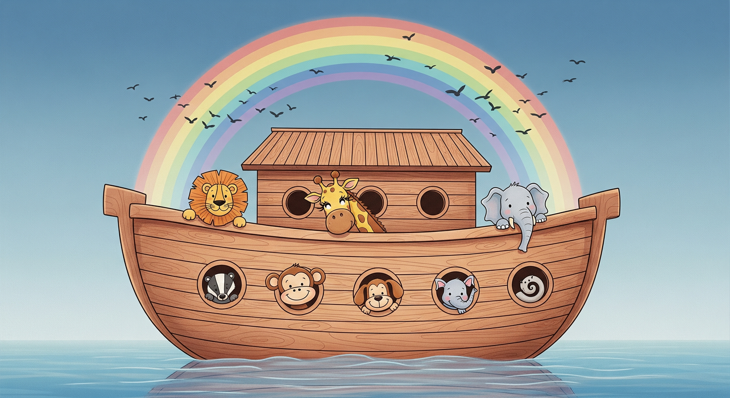 Kids-Mundo flat artwork of a wooden ark with rainbow and animal friends for a wall mural.