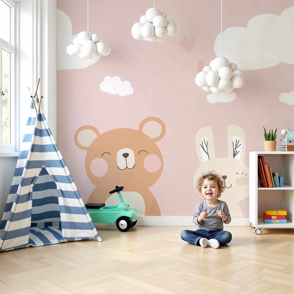 Pastel animal nursery mural wallpaper with bear and rabbits in modern baby room by Kids-Mundo