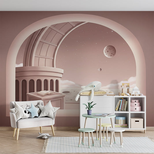 Kids-Mundo observatory moon mural as a feature wall in a stargazer's kids' bedroom