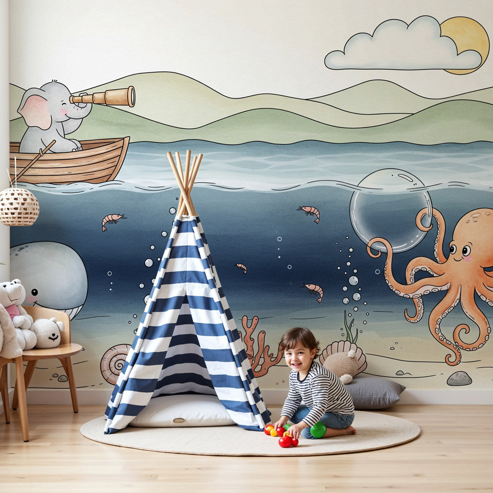 Ocean adventure mural wallpaper with elephant and octopus in modern nursery by Kids-Mundo