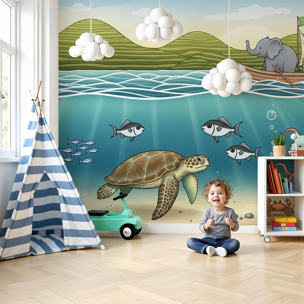 Ocean adventure mural wallpaper with elephant and sea turtle in modern nursery by Kids-Mundo
