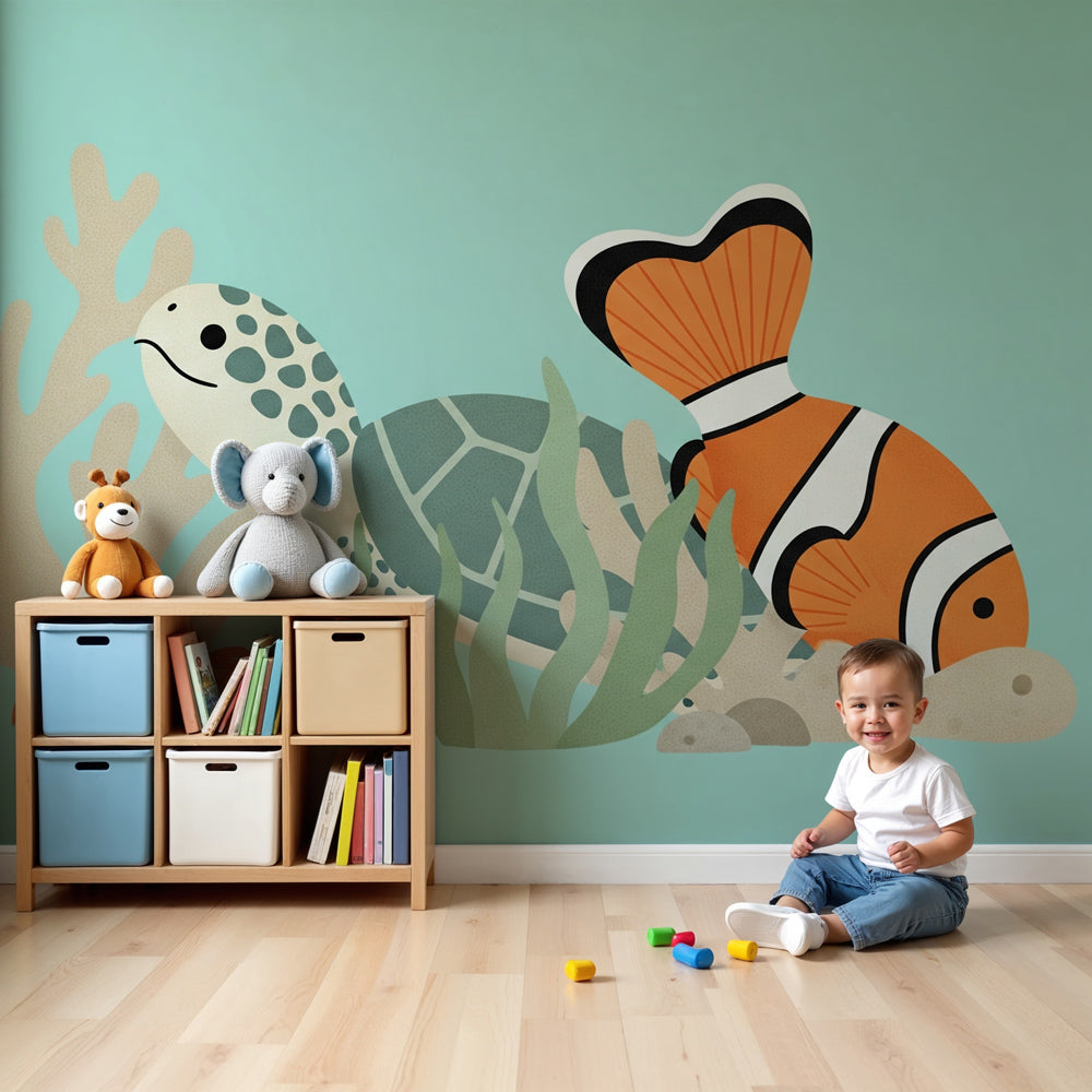 Ocean adventure mural wallpaper with turtle and sea creatures in modern nursery by Kids-Mundo