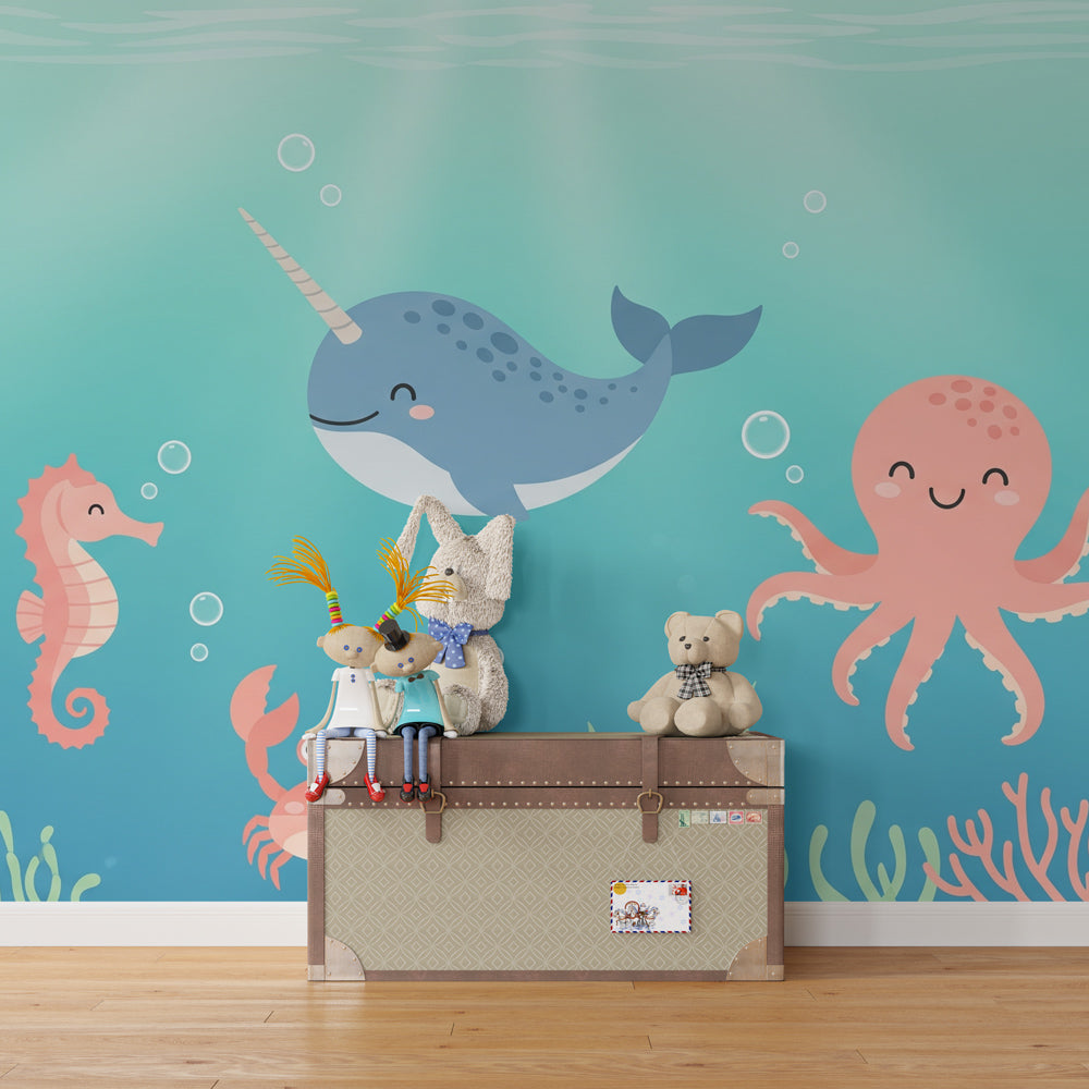 Underwater themed mural wallpaper creating magical kids bedroom decor with marine animals