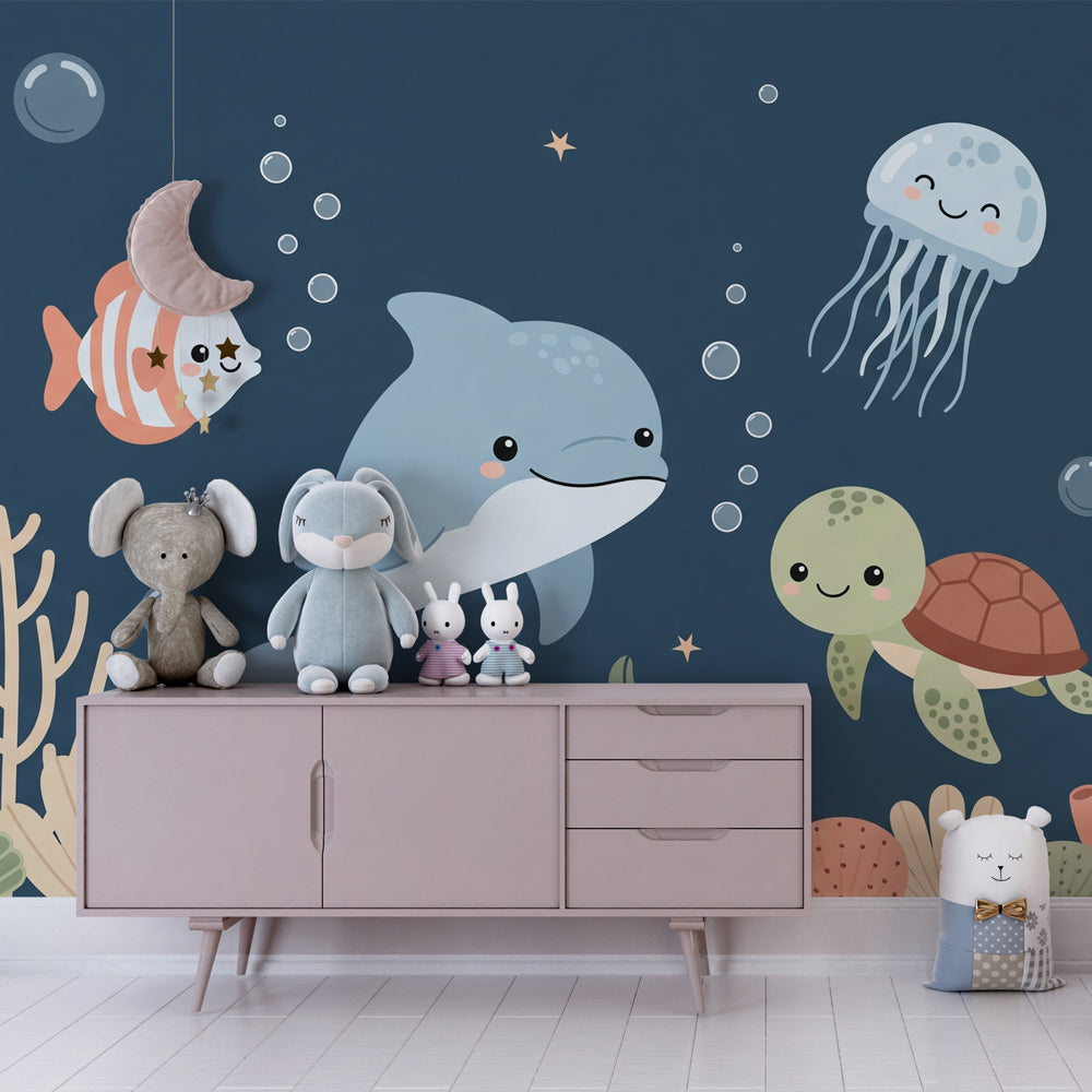 Underwater themed mural wallpaper creating magical marine atmosphere in children's bedroom