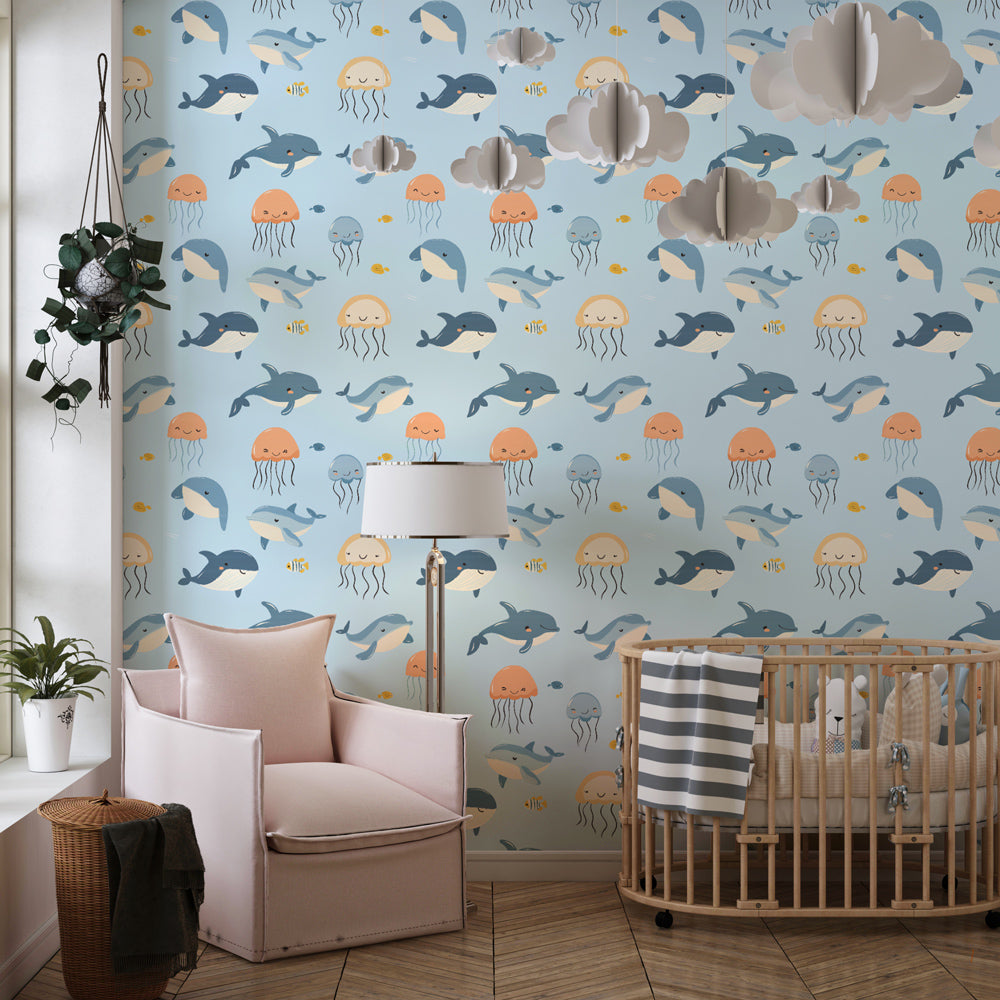 Marine theme wallpaper creating underwater atmosphere in children's bedroom decor