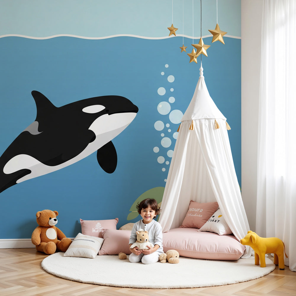 Ocean animals mural wallpaper with orca and sea turtles in modern nursery by Kids-Mundo