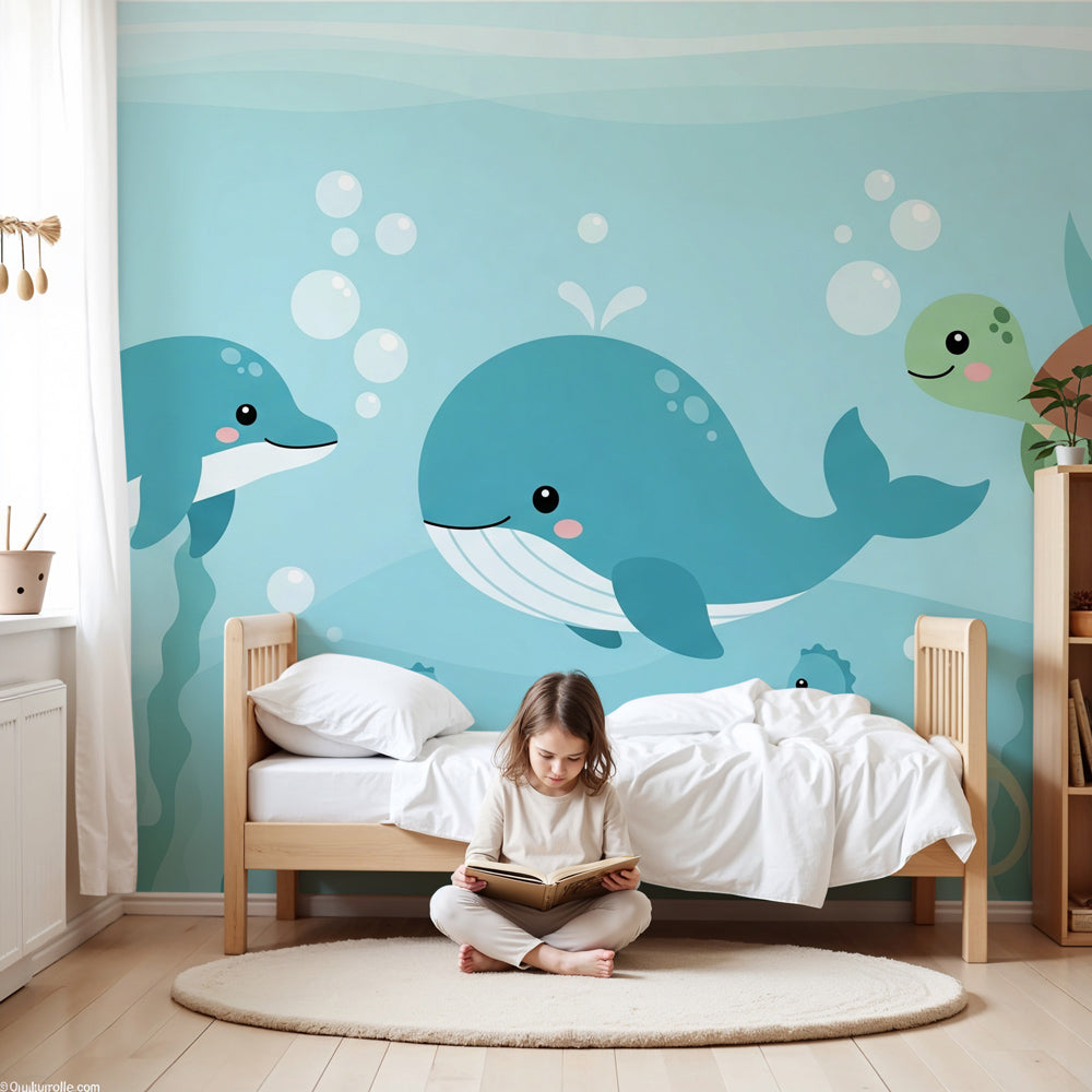 Ocean animals mural wallpaper with dolphins and whale in modern nursery by Kids-Mundo