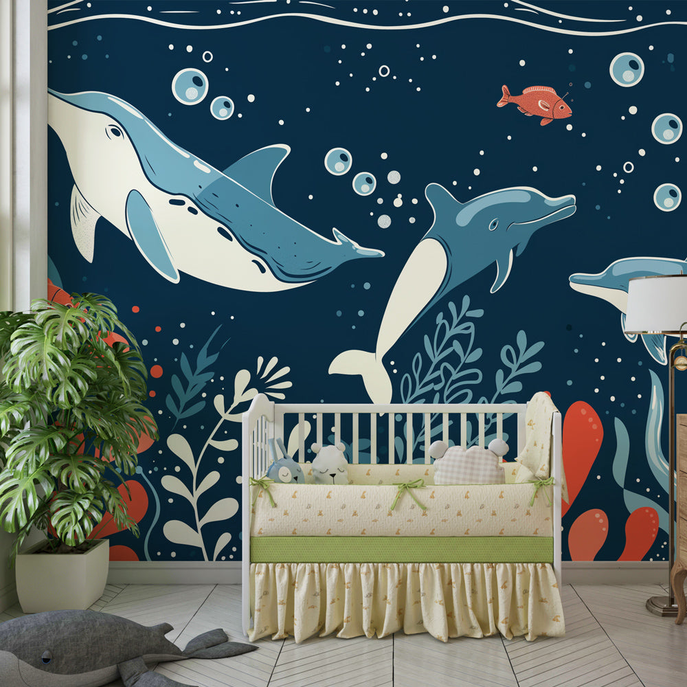 Underwater scene wallpaper creating magical ocean atmosphere in children's bedroom decor