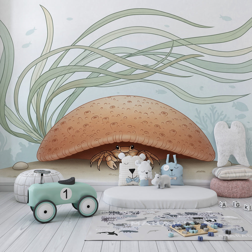 Playful crab wallpaper creating magical underwater atmosphere in kids bedroom