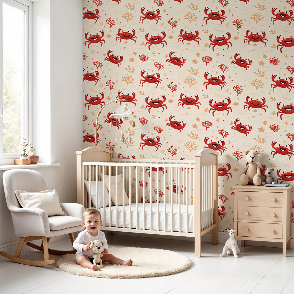 Ocean crab mural wallpaper creating underwater themed nursery with colorful coral design by Kids-Mundo