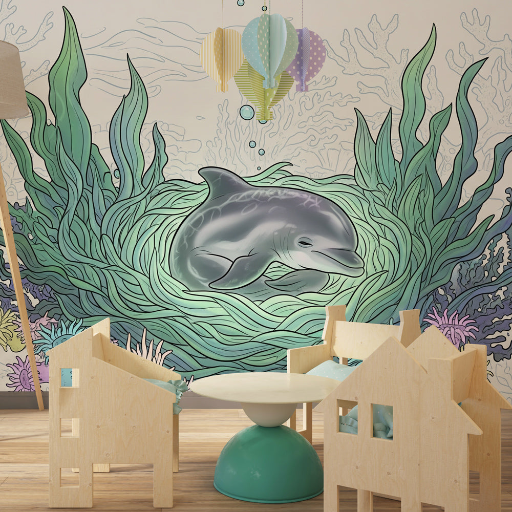 Dolphin underwater mural wallpaper transforming children's bedroom into marine sanctuary