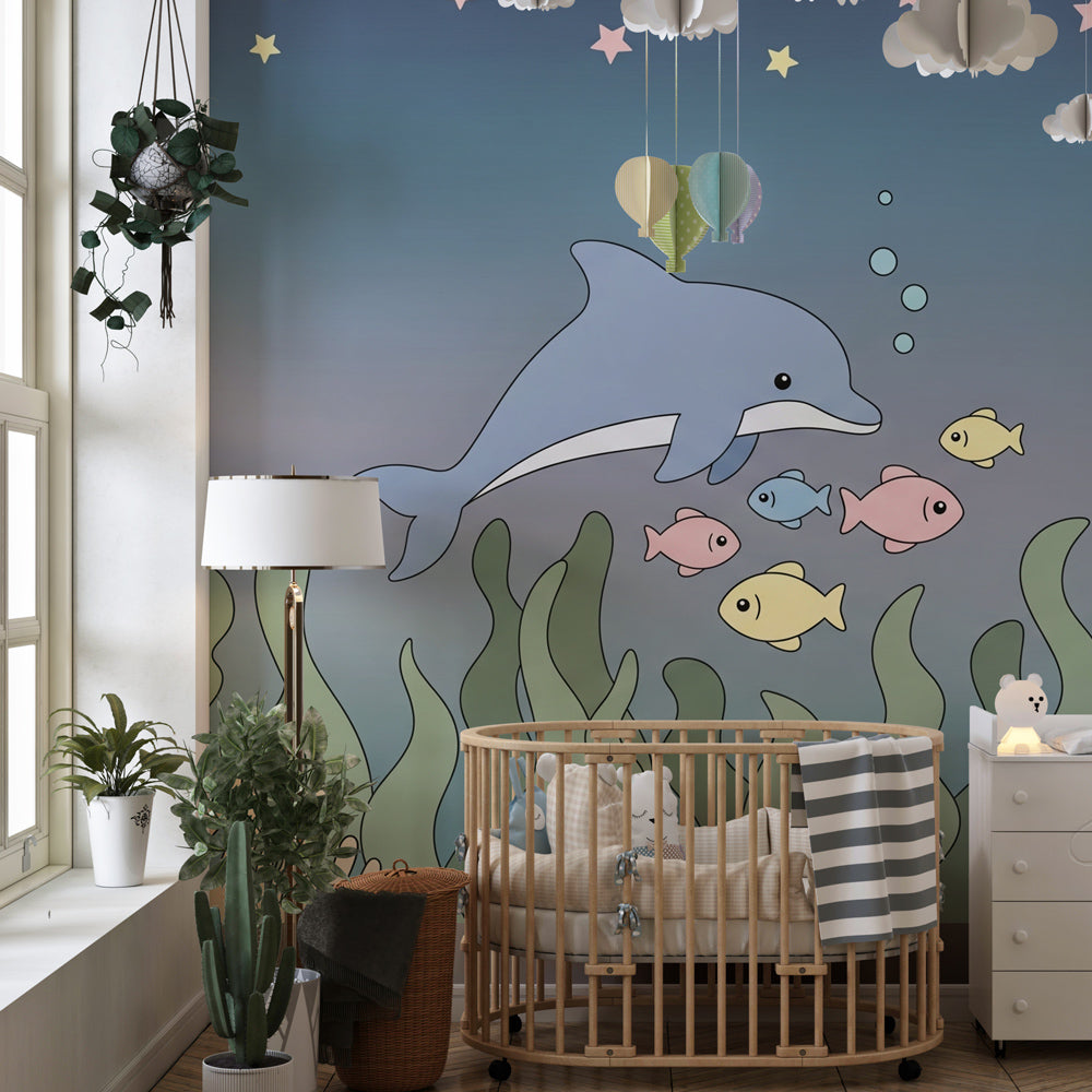 Underwater dolphin wallpaper creating magical marine atmosphere in kids bedroom
