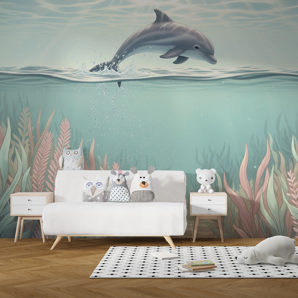 Underwater dolphin wallpaper transforming children's bedroom into marine sanctuary