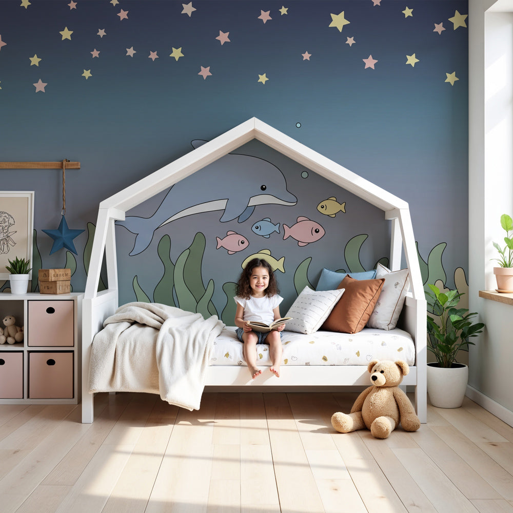 Ocean dolphin mural wallpaper in modern nursery with underwater theme by Kids-Mundo