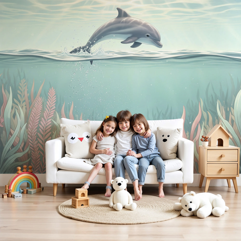 Ocean dolphin mural wallpaper creating serene underwater nursery decor by Kids-Mundo