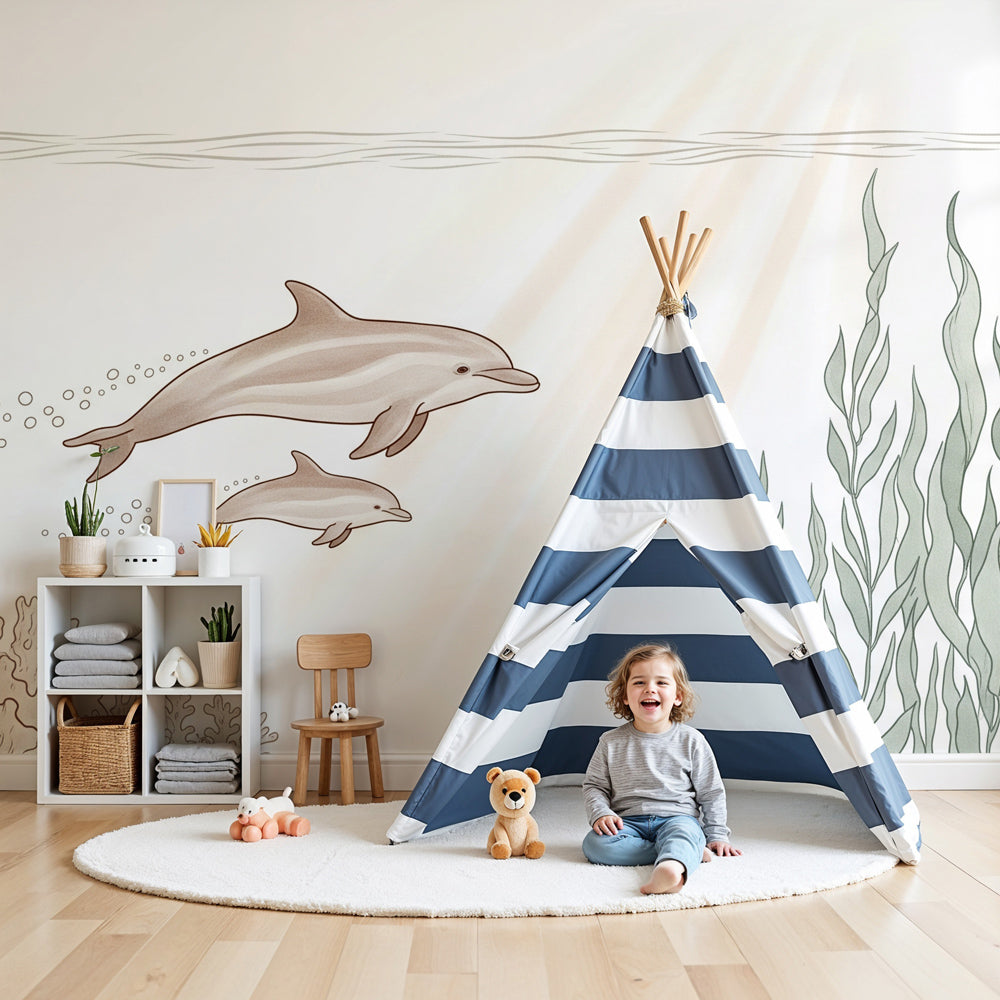 Ocean dolphins mural wallpaper creating peaceful marine nursery decor by Kids-Mundo