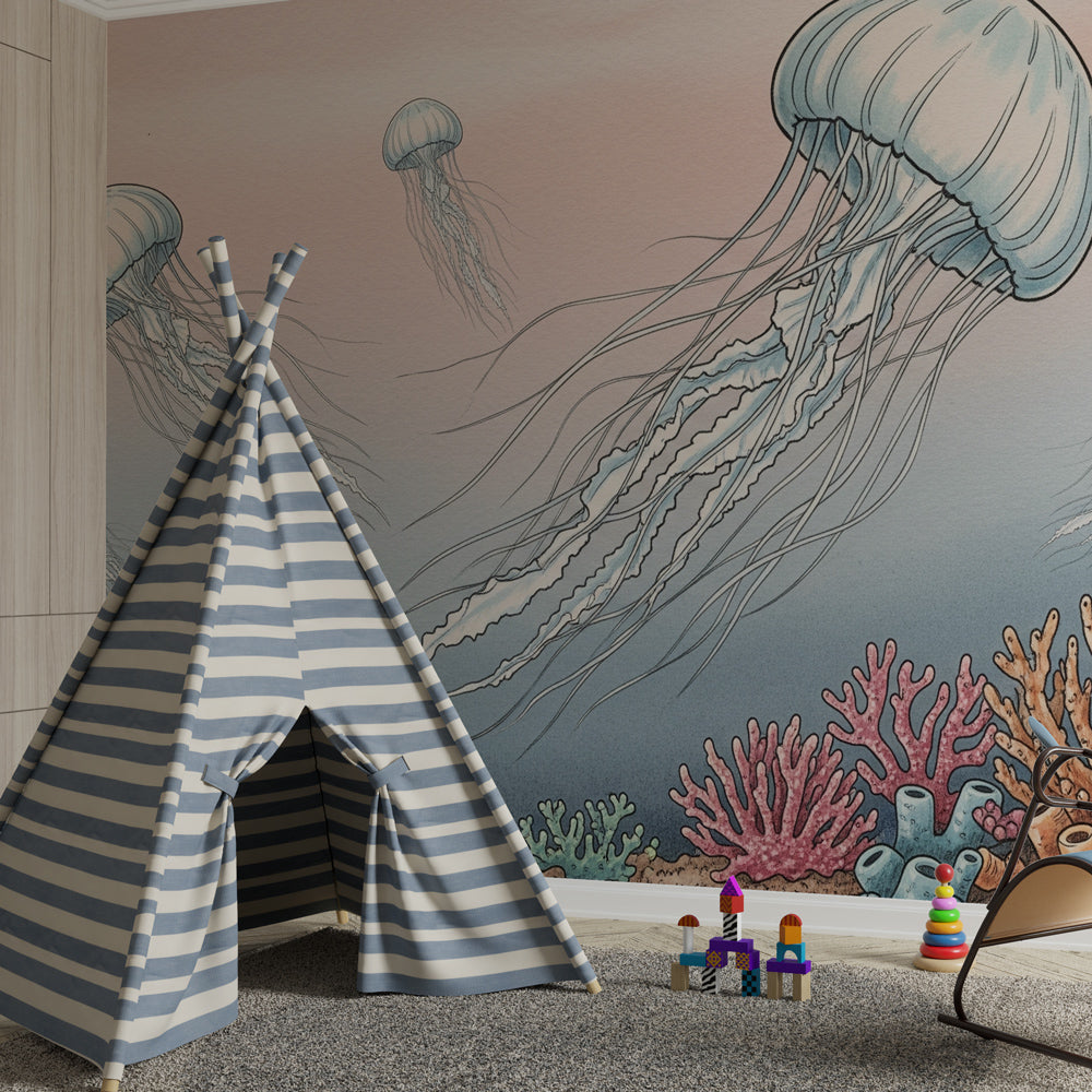 Coral reef and jellyfish wallpaper creating underwater theme in kids bedroom decor