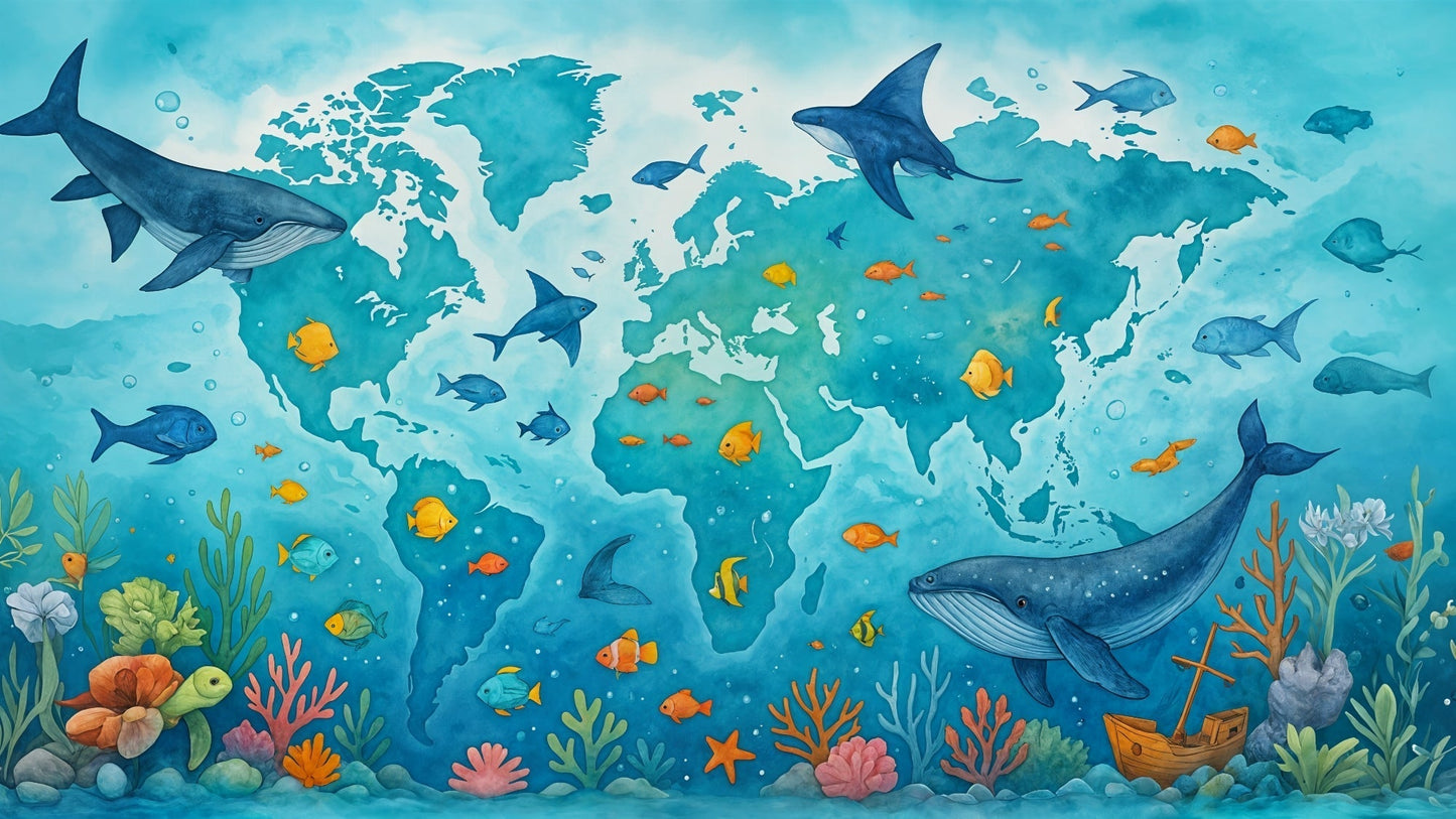 Detailed ocean map mural wallpaper design pattern showing marine life and world continents by Kids-Mundo
