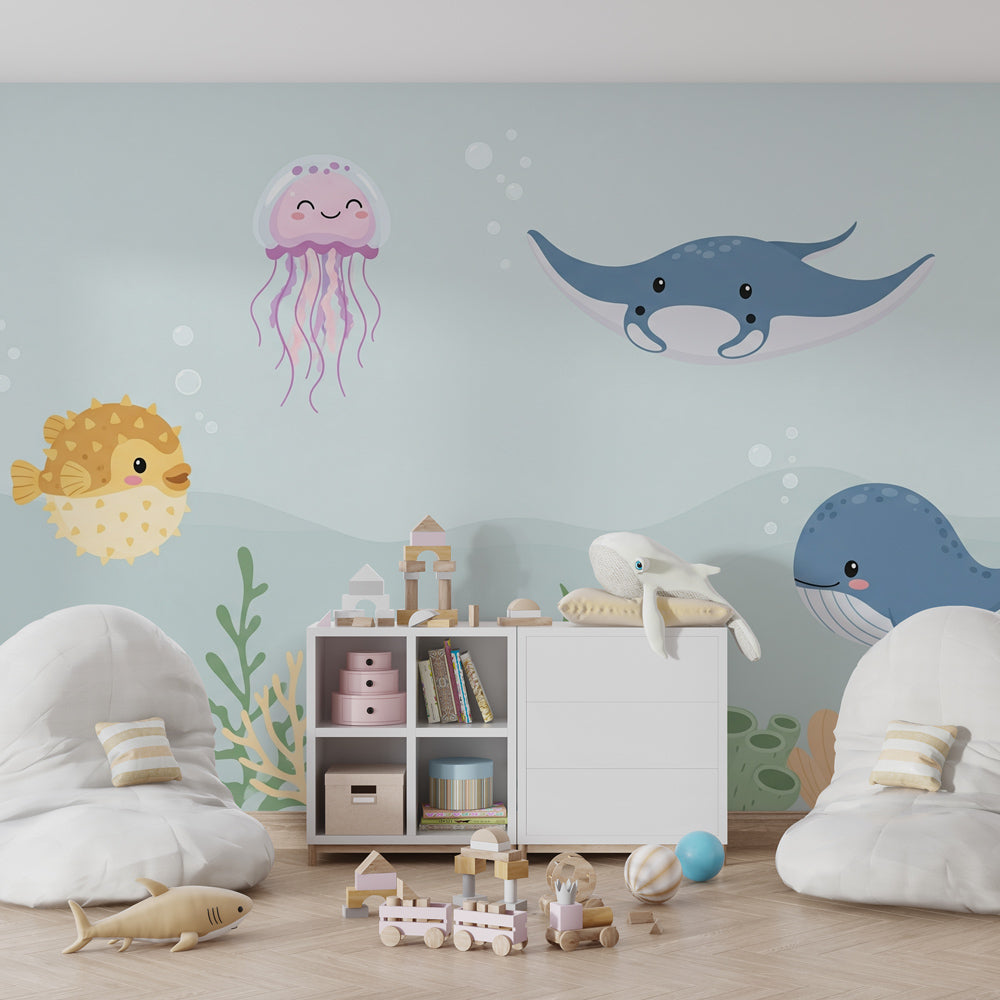 Underwater themed mural wallpaper creating magical marine bedroom atmosphere for children