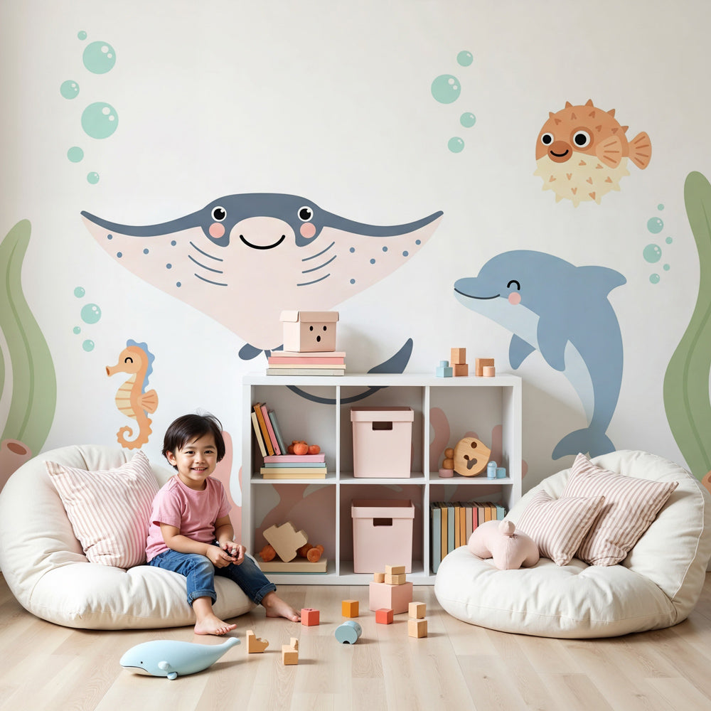 Ocean mural wallpaper with marine animals creating underwater themed nursery decor by Kids-Mundo