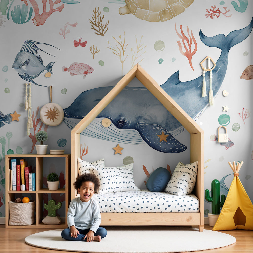 Ocean whale mural wallpaper creating serene underwater nursery decor by Kids-Mundo