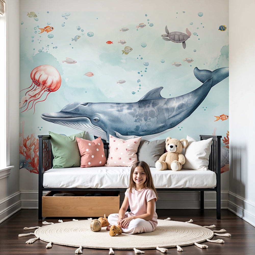 Ocean mural wallpaper with whales and corals in modern kids nursery by Kids-Mundo