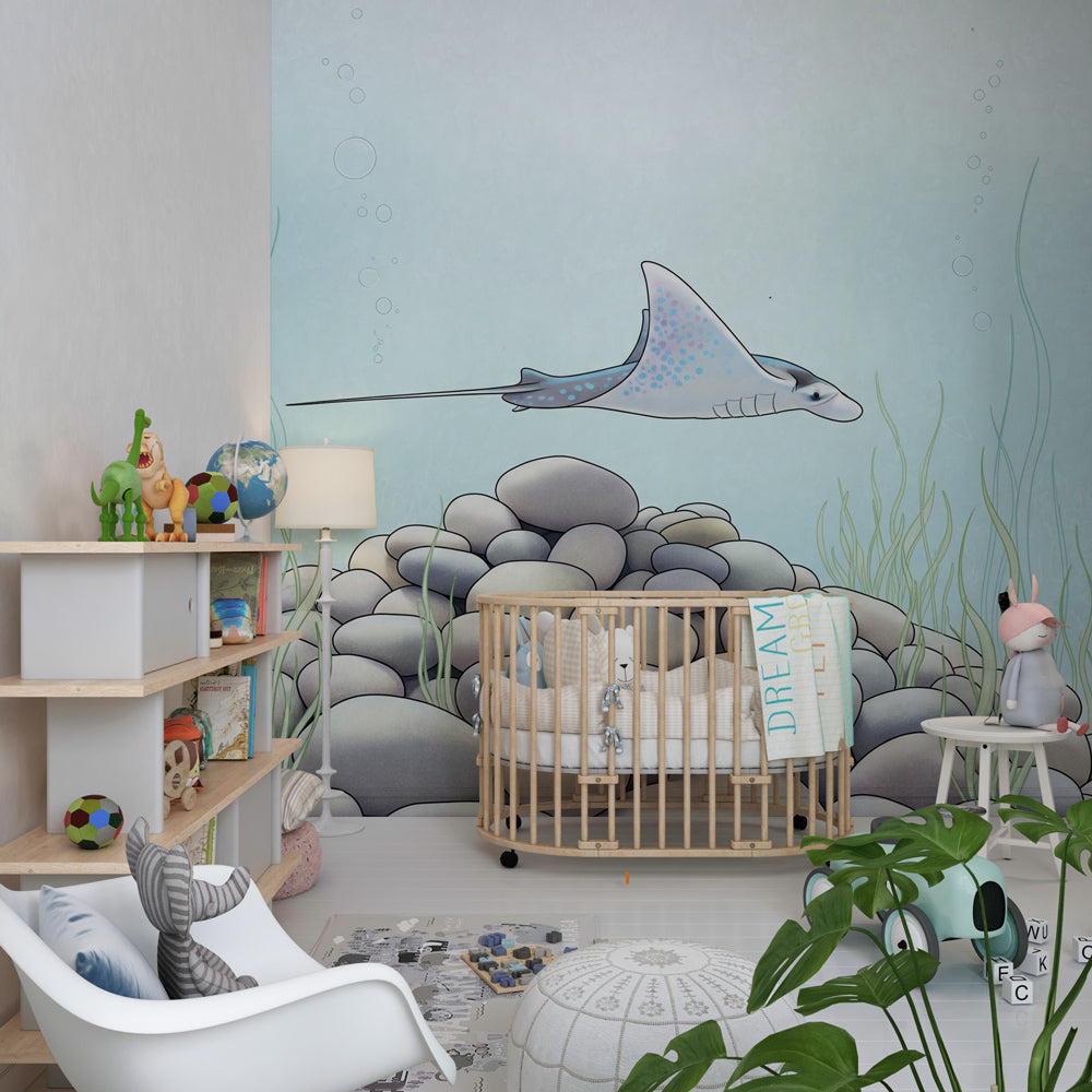 Majestic stingray wallpaper transforming children's bedroom into underwater sanctuary