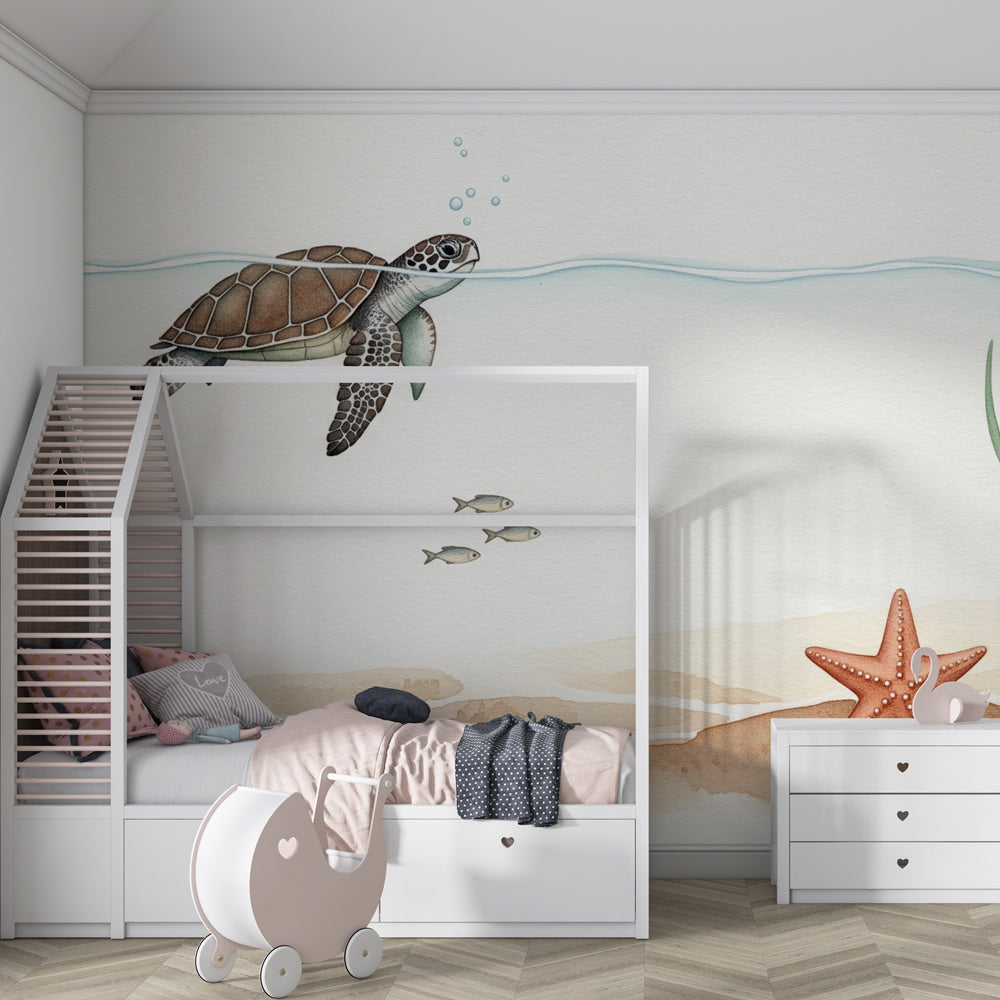 Underwater turtle wallpaper creating peaceful marine atmosphere in children's bedroom