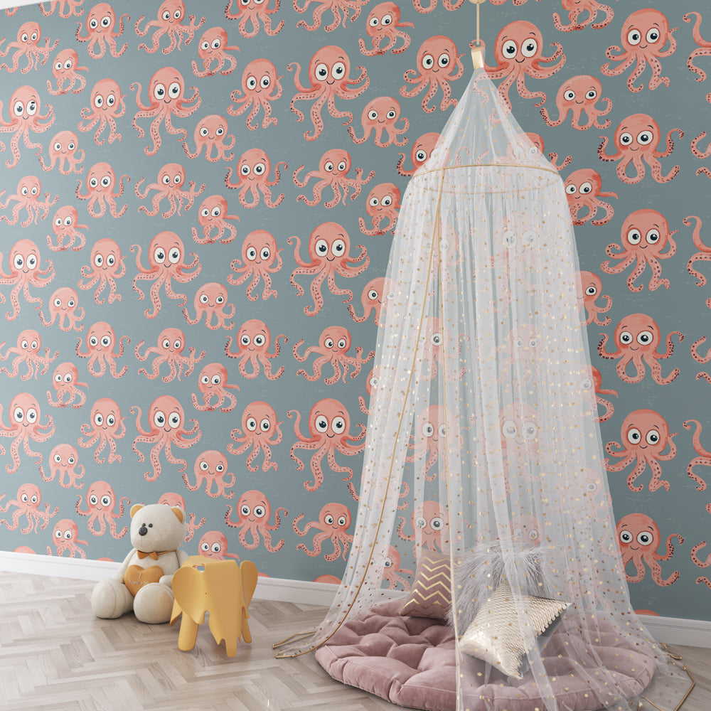 Ocean-themed octopus wallpaper creating whimsical kids bedroom decor with marine creatures