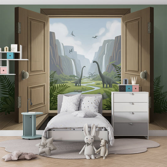 Kids-Mundo dinosaur valley mural behind a bed, made to look like open doors in a kids bedroom.
