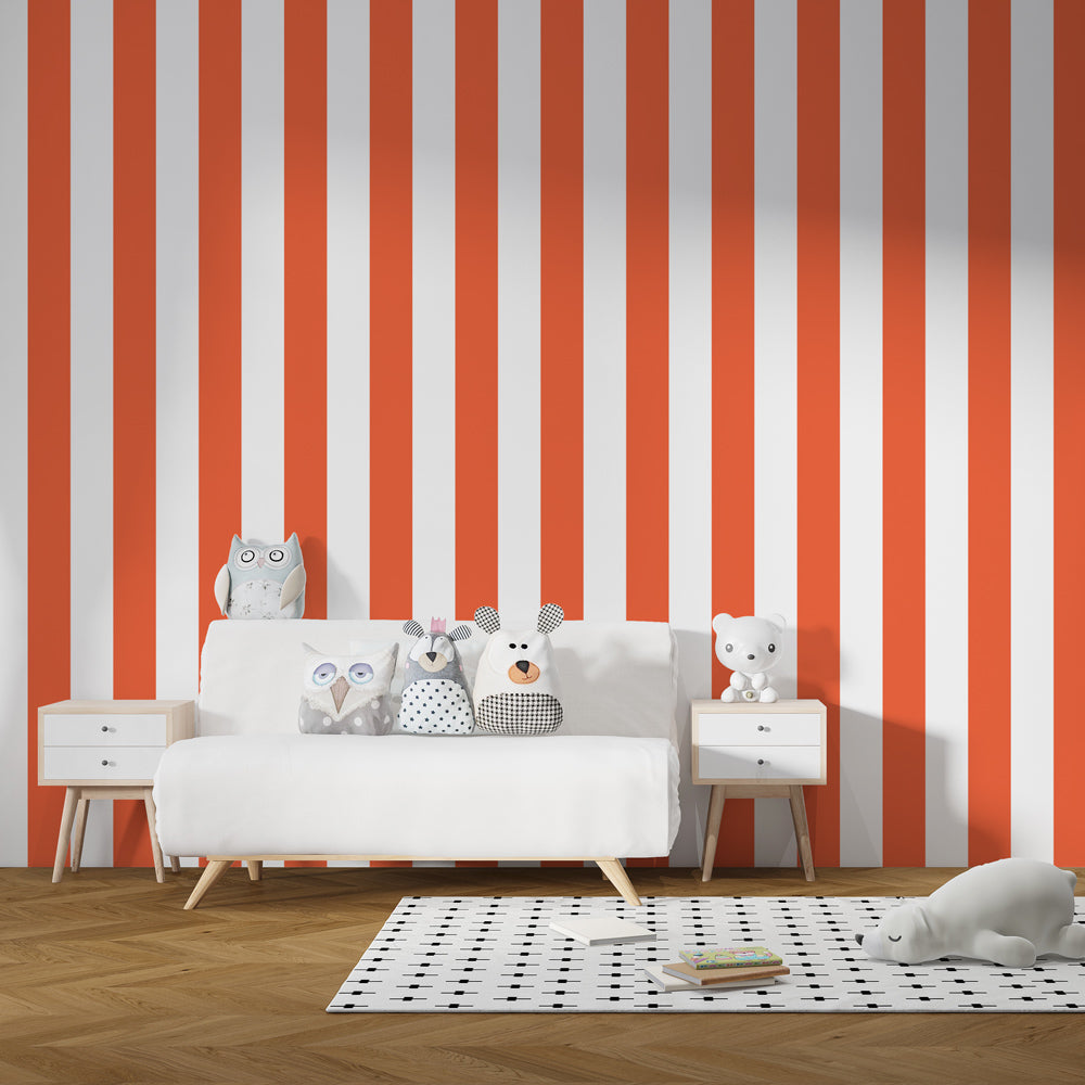 Bold orange stripe wallpaper creating vibrant children's bedroom decor