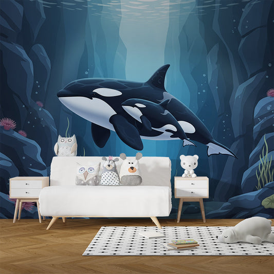 Kids-Mundo mother and calf orca mural covering a feature wall in a child's bedroom