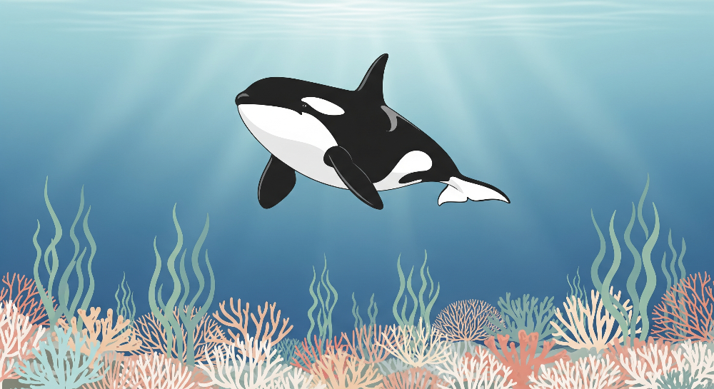 Orca Swimming Over a Colourful Coral Reef Wall Mural