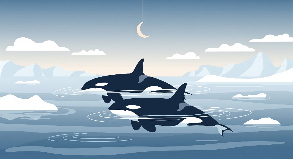 Kids-Mundo flat artwork of two orcas swimming beneath a crescent moon among icebergs.