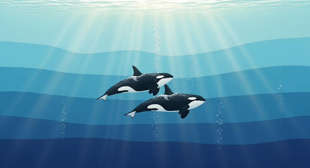 Two Orcas Diving Through Sunlit Blue Depths Wall Mural