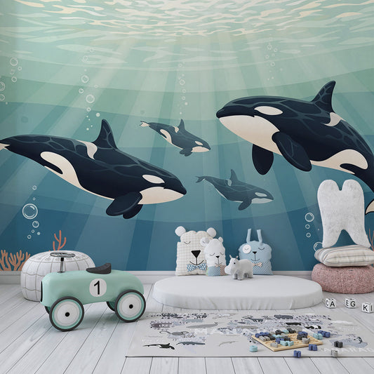 Kids-Mundo orca family swimming mural covering a feature wall in a kids' bedroom