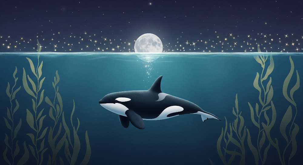 Solitary Orca Swimming Under a Full Moon Wall Mural