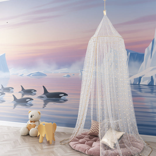 Kids-Mundo orca pod wall mural fitted to a calm kids' bedroom feature wall.