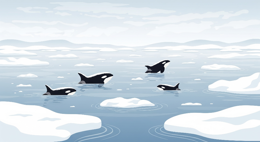 Orca Pod Playing Among Arctic Icebergs Wall Mural