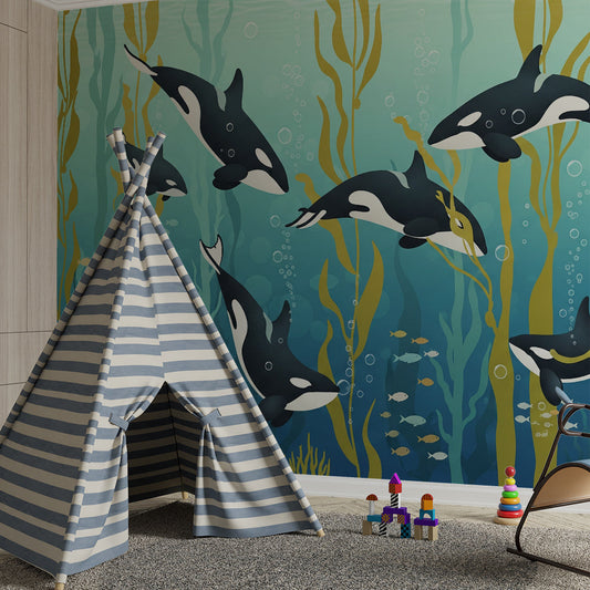 Kids-Mundo orca pod wall mural fitted across an energetic kids' bedroom wall.