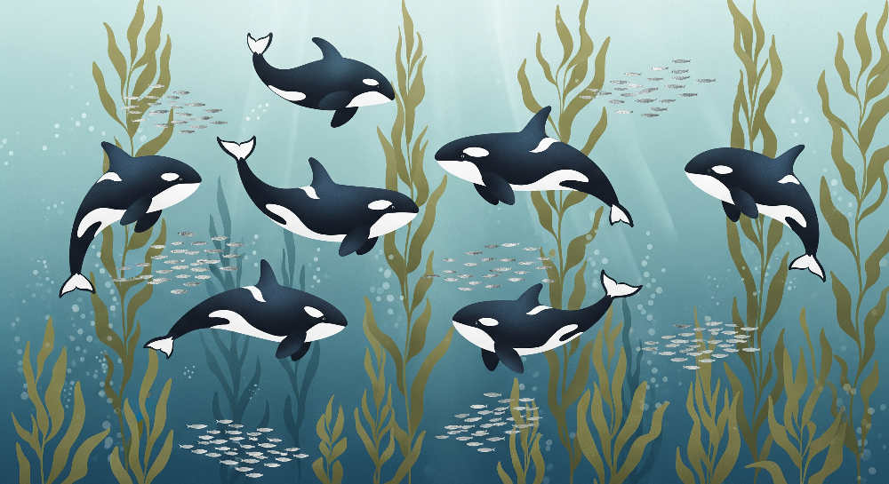 Orca Pod Swimming Through a Kelp Forest Wall Mural