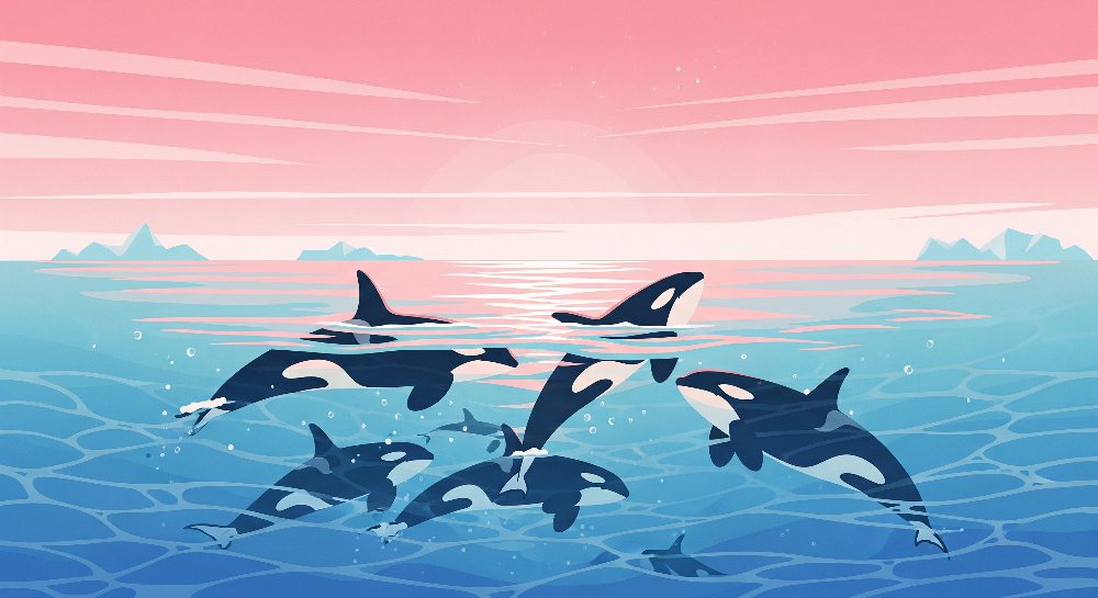 Orca Pod Leaping at Sunset Wall Mural
