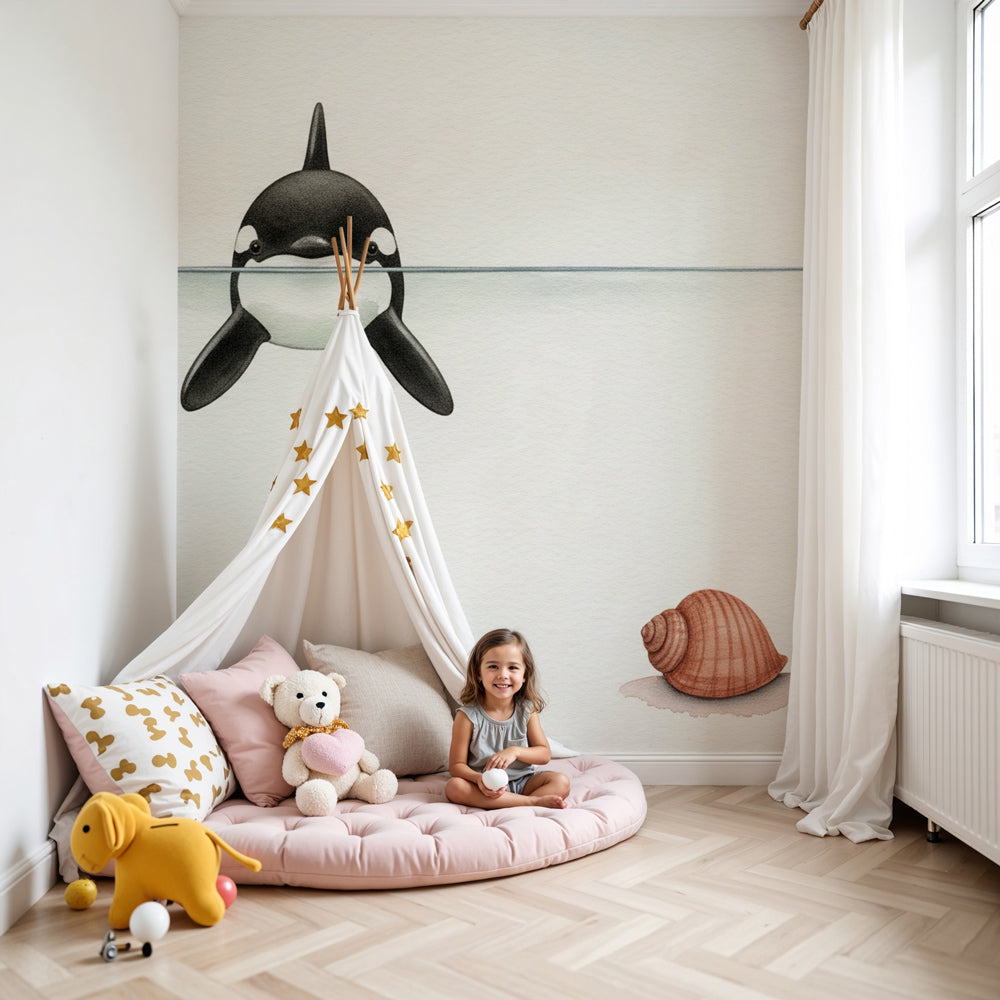 Orca whale mural wallpaper in modern nursery creating calming underwater atmosphere by Kids-Mundo